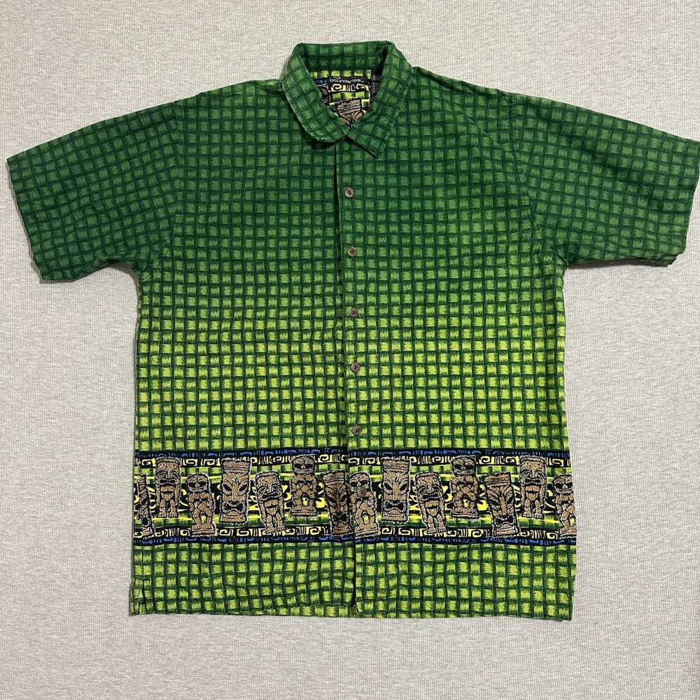 Y2K No Boundaries Tiki Border Print Button Up Shirt Mens XL Green Hawaiian Camp